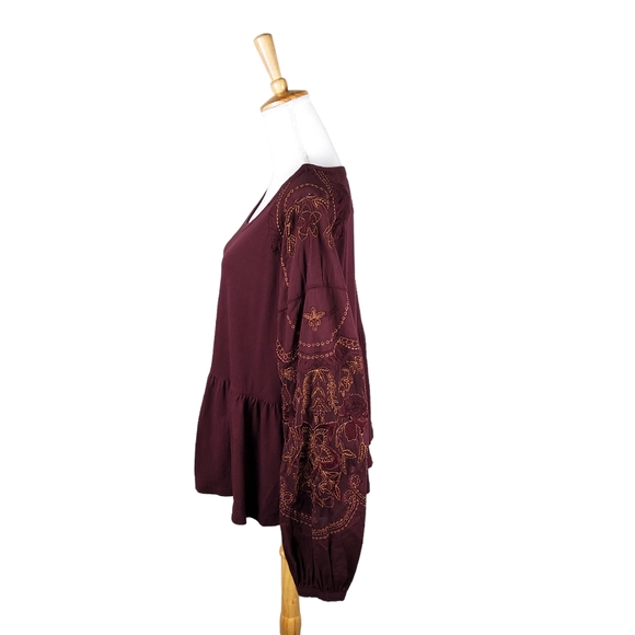 Free People Embroidered Penny Tee Peplum Top In Wine Size Large - Picture 3 of 8